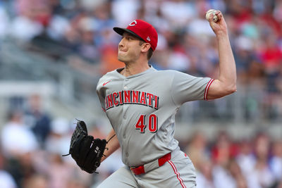 May 8, 2025; Atlanta, Georgia, USA; Cincinnati Reds starting pitcher Nick Lodolo (40) throws against the Atlanta Braves in the first inning at Truist Park. Mandatory Credit: Brett Davis-Imagn Images