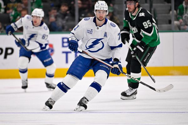 Jan 18, 2026; Dallas, Texas, USA; Tampa Bay Lightning center Anthony Cirelli (71) skates against the Dallas Stars during the game at the American Airlines Center. Mandatory Credit: Jerome Miron-Imagn Images