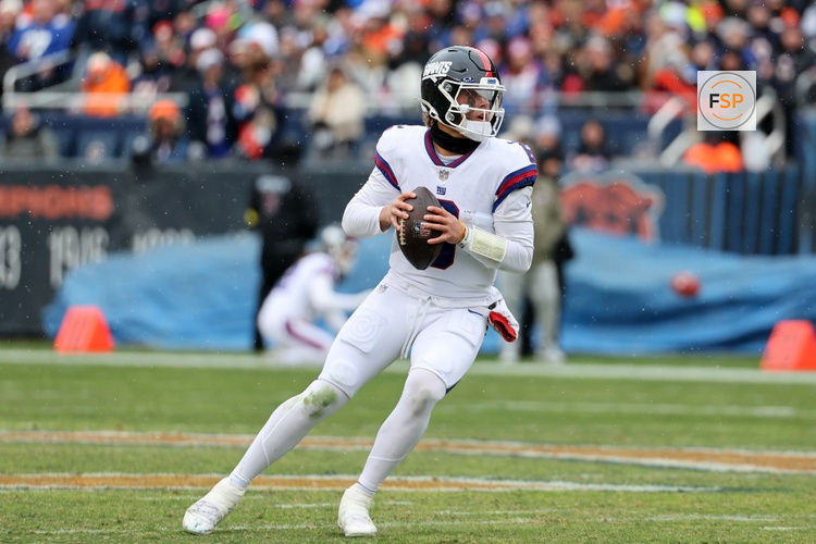 Nov 9, 2025; Chicago, Illinois, USA; New York Giants quarterback Jaxson Dart (6) drops back to pass against the Chicago Bears during the first half at Soldier Field. Credit: Mike Dinovo-Imagn Images