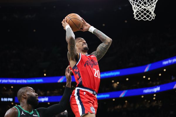 Nov 16, 2025; Boston, Massachusetts, USA; Los Angeles Clippers center John Collins (20) shoots during the second half against the Boston Celtics at TD Garden. Mandatory Credit: Paul Rutherford-Imagn Images