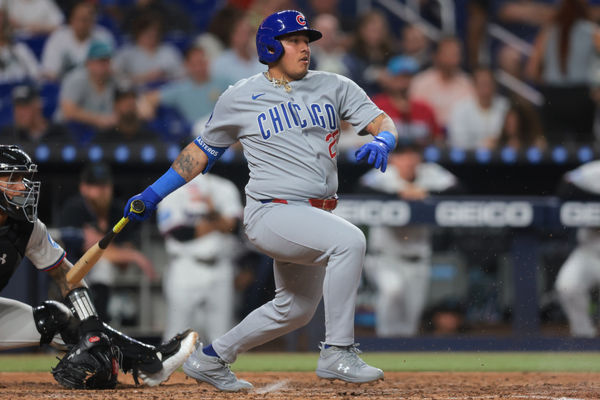 May 19, 2025; Miami, Florida, USA; Chicago Cubs designated hitter Moises Ballesteros (25) hits an RBI single against the Miami Marlins during the sixth inning at loanDepot Park. Mandatory Credit: Sam Navarro-Imagn Images