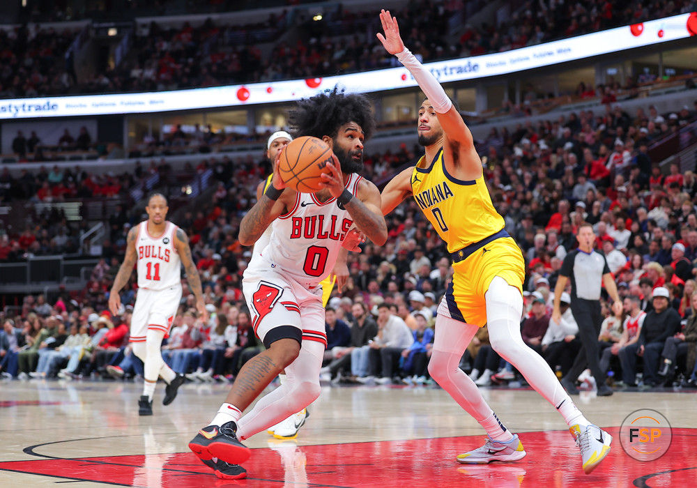 CHICAGO, IL - DECEMBER 28: Tyrese Haliburton #0 of the Indiana Pacers guards Coby White #0 of the Chicago Bulls during the second half at the at United Center on December 28, 2023 in Chicago, Illinois. (Photo by Melissa Tamez/Icon Sportswire)