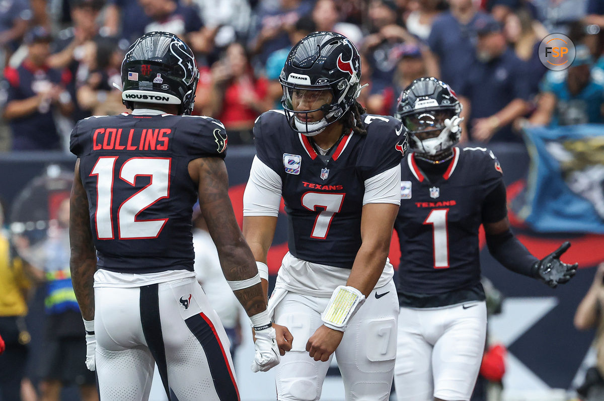 Sep 29, 2024; Houston, Texas, USA; Houston Texans quarterback C.J. Stroud (7) and wide receiver Nico Collins (12) celebrate after a touchdown by wide receiver Stefon Diggs (1) during the first quarter against the Jacksonville Jaguars at NRG Stadium. Credit: Troy Taormina-Imagn Images