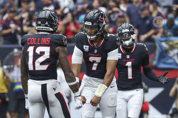 Sep 29, 2024; Houston, Texas, USA; Houston Texans quarterback C.J. Stroud (7) and wide receiver Nico Collins (12) celebrate after a touchdown by wide receiver Stefon Diggs (1) during the first quarter against the Jacksonville Jaguars at NRG Stadium. Credit: Troy Taormina-Imagn Images