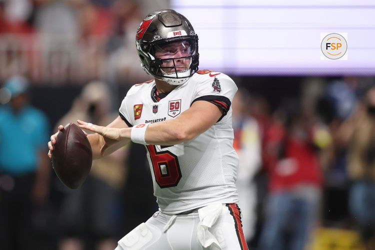 Sep 7, 2025; Atlanta, Georgia, USA; Tampa Bay Buccaneers quarterback Baker Mayfield (6) passes the ball against the Atlanta Falcons during the first quarter at Mercedes-Benz Stadium. Credit: Brett Davis-Imagn Images