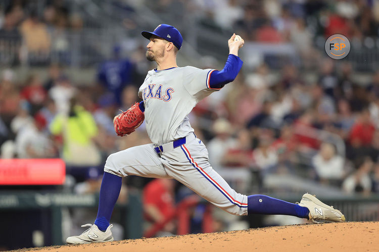 ATLANTA, GA - APRIL 19: Texas Rangers starting pitcher Andrew Heaney (44) delivers a pitch during the Friday evening MLB game between the defending World Champion Texas Rangers and the Atlanta Braves on April 19, 2024 at Truist Park in Atlanta, Georgia(Photo by David J. Griffin/Icon Sportswire)