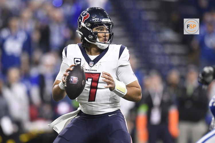 INDIANAPOLIS, IN - JANUARY 06: Houston Texans Quarterback C.J. Stroud (7) looks to pass during the NFL game between the Houston Texans and the Indianapolis Colts on January 6, 2024, at Lucas Oil Stadium in Indianapolis, Indiana. (Photo by Michael Allio/Icon Sportswire)