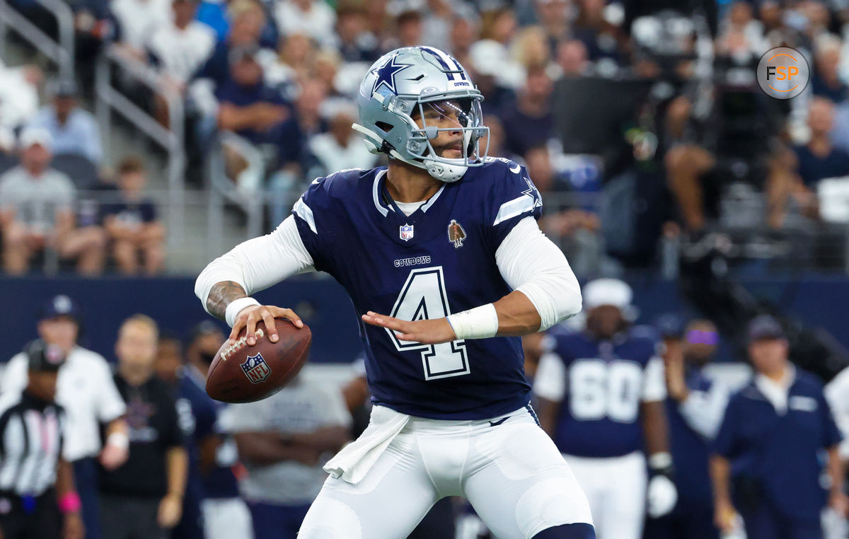 Oct 13, 2024; Arlington, Texas, USA;  Dallas Cowboys quarterback Dak Prescott (4) throws during the first quarter against the Detroit Lions at AT&T Stadium. Credit: Kevin Jairaj-Imagn Images