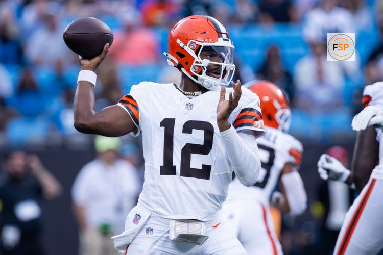Aug 8, 2025; Charlotte, North Carolina, USA; Cleveland Browns quarterback Shedeur Sanders (12) throws against the Carolina Panthers during the second quarter at Bank of America Stadium. Credit: Scott Kinser-The USAToday Network via Imagn Images 