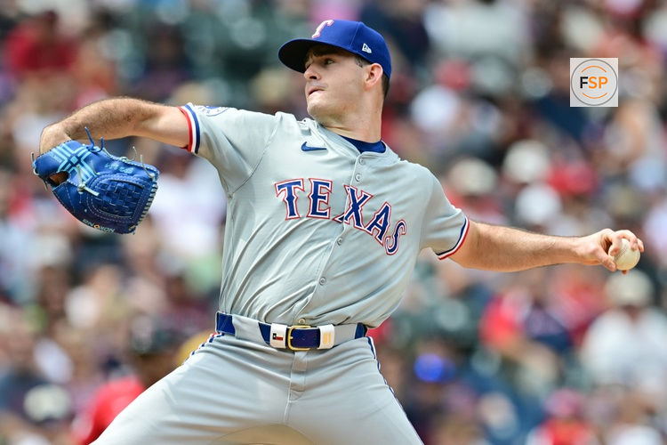 Aug 25, 2024; Cleveland, Ohio, USA; Texas Rangers starting pitcher Cody Bradford (61) throws a pitch during the first inning against the Cleveland Guardians at Progressive Field. Credit: Ken Blaze-USA TODAY Sports