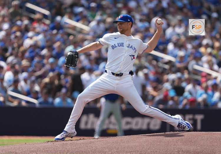 Aug 16, 2025; Toronto, Ontario, CAN; Toronto Blue Jays starting pitcher Eric Lauer (56) throws pitch against the Texas Rangers during the the first inning at Rogers Centre. Credit: Nick Turchiaro-Imagn Images
