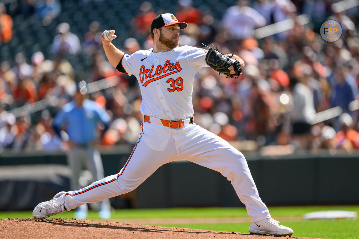 Sep 8, 2024; Baltimore, Maryland, USA; Baltimore Orioles pitcher Corbin Burnes (39) throws a pitch during the first inning against the Tampa Bay Rays at Oriole Park at Camden Yards. Credit: Reggie Hildred-Imagn Images