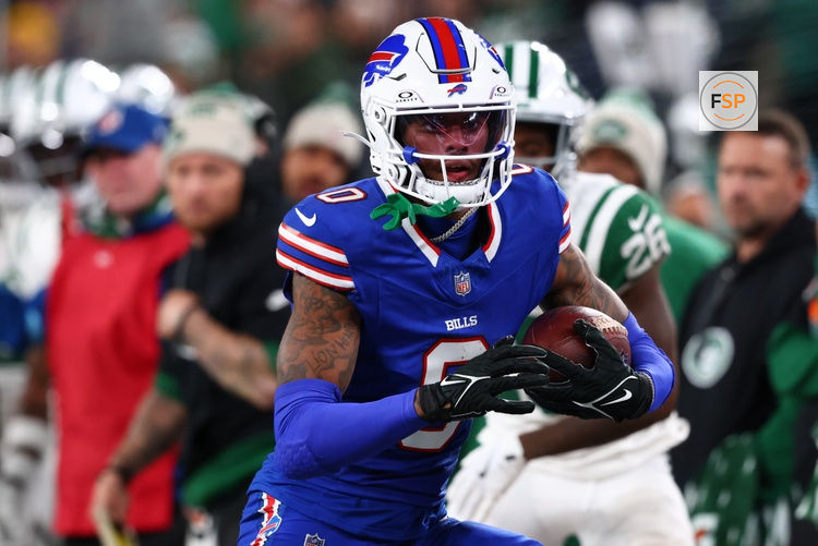 Oct 14, 2024; East Rutherford, New Jersey, USA; Buffalo Bills wide receiver Keon Coleman (0) runs with the ball against the New York Jets during the second half at MetLife Stadium. Credit: Ed Mulholland-Imagn Images