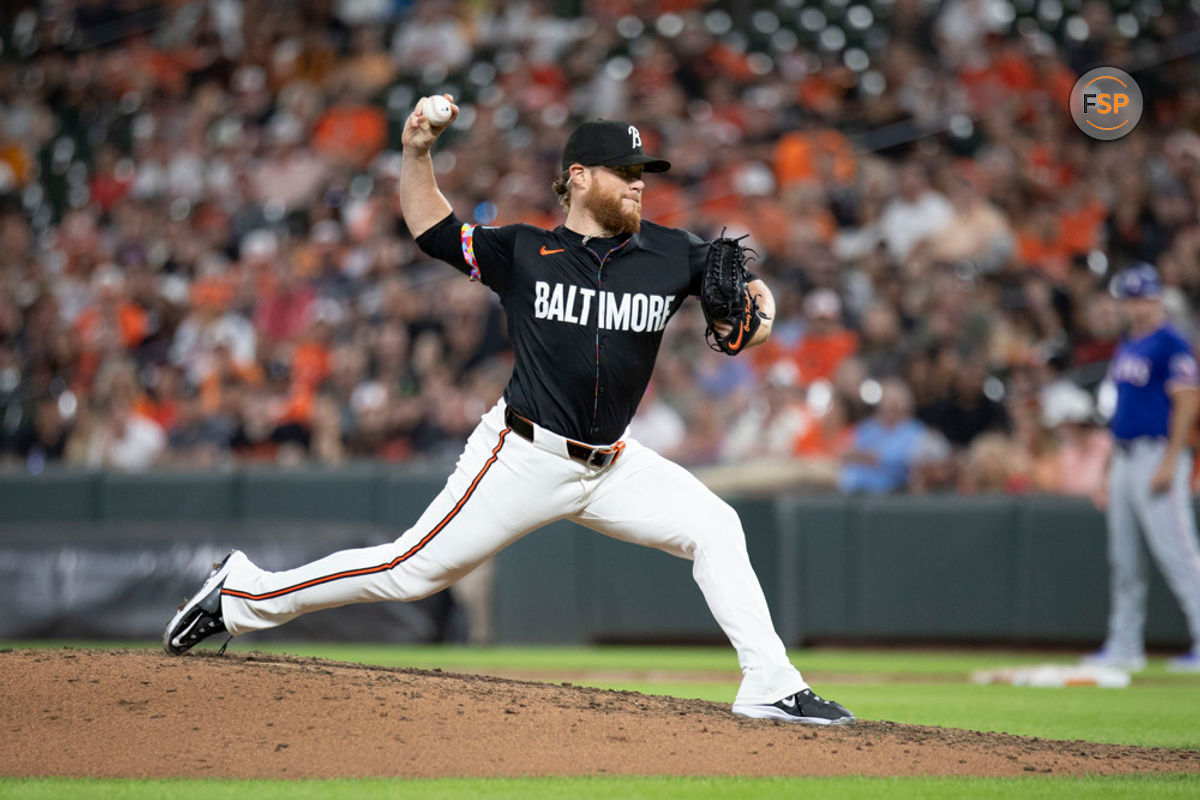 BALTIMORE, MD - JUNE 28: Baltimore Orioles pitcher Craig Kimbrel (46) throws a pitch during the Texas Rangers versus Baltimore Orioles MLB game at Orioles Park at Camden Yards on June 28, 2024, in Baltimore, MD. (Photo by Charles Brock/Icon Sportswire)