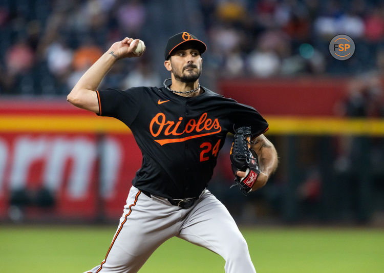 Apr 7, 2025; Phoenix, Arizona, USA; Baltimore Orioles pitcher Zach Eflin in the first inning against the Arizona Diamondbacks at Chase Field. Credit: Mark J. Rebilas-Imagn Images
