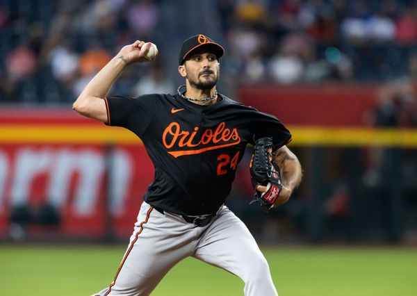 Apr 7, 2025; Phoenix, Arizona, USA; Baltimore Orioles pitcher Zach Eflin in the first inning against the Arizona Diamondbacks at Chase Field. Mandatory Credit: Mark J. Rebilas-Imagn Images