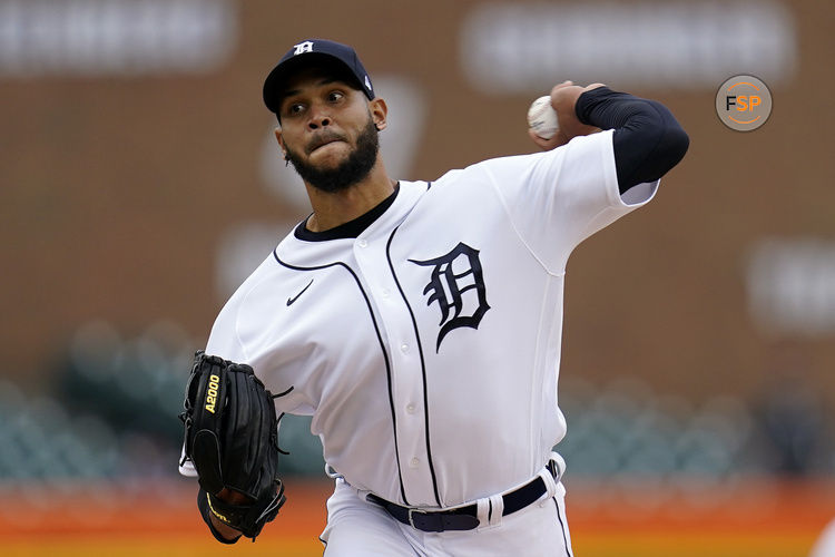 Detroit Tigers pitcher Eduardo Rodriguez throws against the Boston Red Sox in the first inning of a baseball game in Detroit, Wednesday, April 13, 2022. (AP Photo/Paul Sancya)