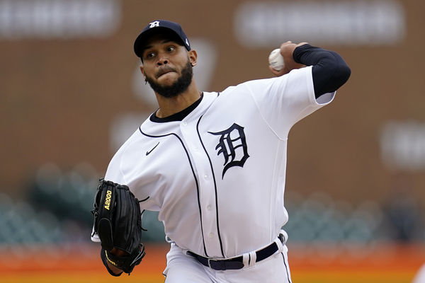 Detroit Tigers pitcher Eduardo Rodriguez throws against the Boston Red Sox in the first inning of a baseball game in Detroit, Wednesday, April 13, 2022. (AP Photo/Paul Sancya)