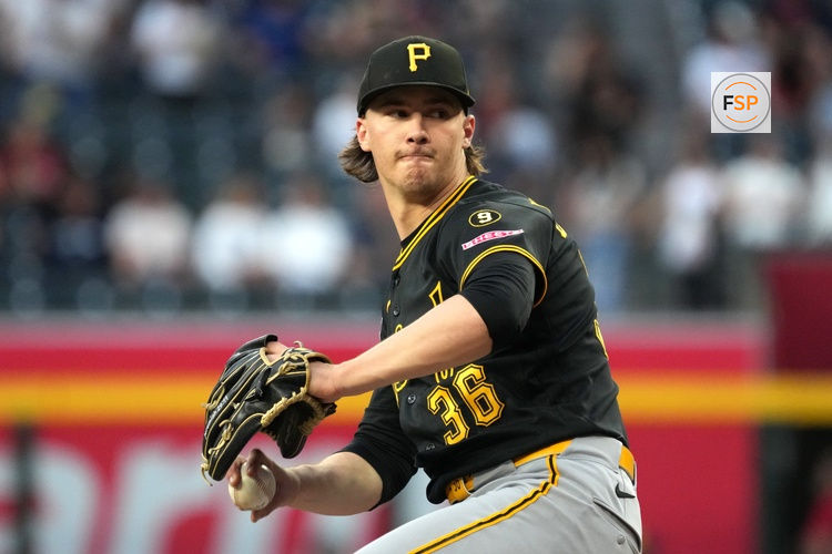 May 5, 2026; Phoenix, Arizona, USA; Pittsburgh Pirates pitcher Bubba Chandler (36) throws against the Arizona Diamondbacks in the first inning at Chase Field. Credit: Rick Scuteri-Imagn Images