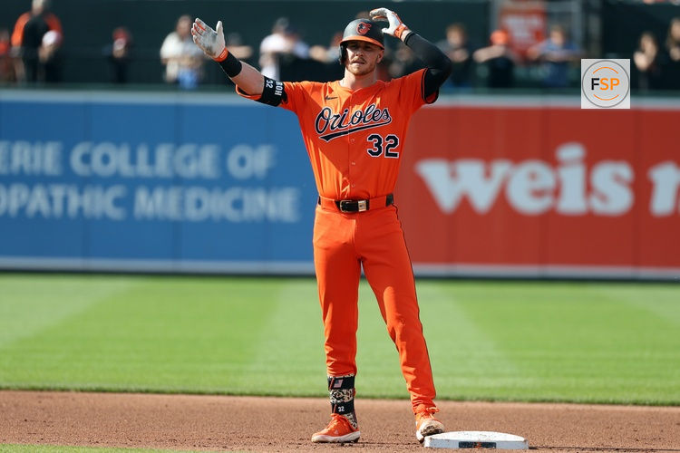 May 31, 2025; Baltimore, Maryland, USA; Baltimore Orioles outfielder Ryan O'Hearn (32) celebrates after hitting a double during the fourth inning against the Chicago White Sox at Oriole Park at Camden Yards. Credit: Daniel Kucin Jr.-Imagn Images