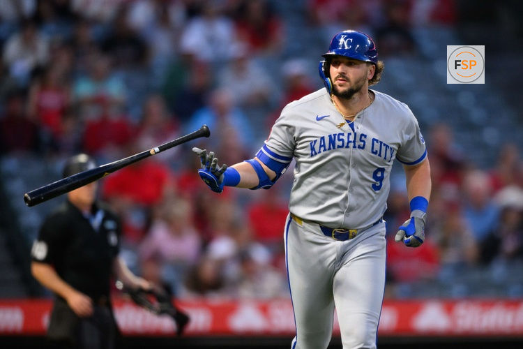Sep 25, 2025; Anaheim, California, USA; Kansas City Royals designated hitter Vinnie Pasquantino (9) tosses his bat after hitting a home run during the first inning against the Los Angeles Angels at Angel Stadium. Credit: William Liang-Imagn Images