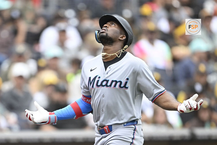 May 28, 2025; San Diego, California, USA; Miami Marlins right fielder Jesus Sanchez (7) looks skyward after hitting a solo home run during the fifth inning against the San Diego Padres at Petco Park. Credit: Denis Poroy-Imagn Images