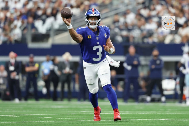 Sep 14, 2025; Arlington, Texas, USA; New York Giants quarterback Russell Wilson (3) passes the ball against the Dallas Cowboys during the first quarter at AT&T Stadium. Credit: Kevin Jairaj-Imagn Images