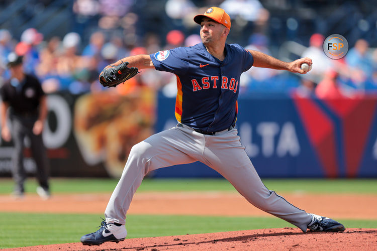 Feb 27, 2025; Port St. Lucie, Florida, USA; Houston Astros starting pitcher Colton Gordon (61) delivers a pitch against the New York Mets during the first inning at Clover Park. Credit: Sam Navarro-Imagn Images