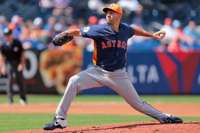 Feb 27, 2025; Port St. Lucie, Florida, USA; Houston Astros starting pitcher Colton Gordon (61) delivers a pitch against the New York Mets during the first inning at Clover Park. Mandatory Credit: Sam Navarro-Imagn Images