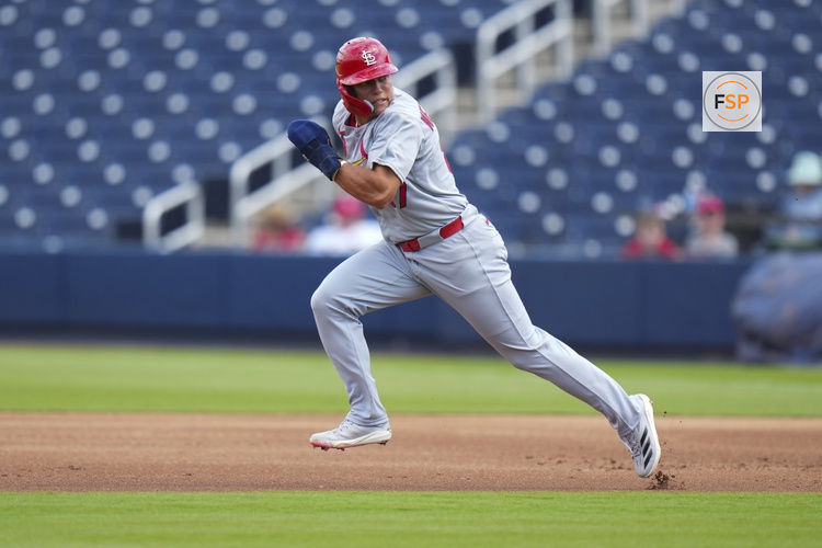 Mar 5, 2025; West Palm Beach, Florida, USA; St. Louis Cardinals left feilder JJ Wetherholt (87) runs to second base against the Houston Astros during the second inning at CACTI Park of the Palm Beaches. Credit: Rich Storry-Imagn Images