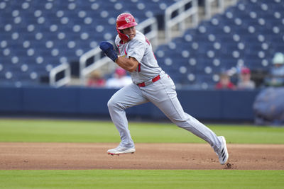 Mar 5, 2025; West Palm Beach, Florida, USA; St. Louis Cardinals left feilder JJ Wetherholt (87) runs to second base against the Houston Astros during the second inning at CACTI Park of the Palm Beaches. Mandatory Credit: Rich Storry-Imagn Images