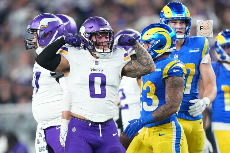 Jan 13, 2025; Glendale, AZ, USA; Minnesota Vikings linebacker Ivan Pace Jr. (0) reacts against the Los Angeles Rams during the second half in an NFC wild card game at State Farm Stadium. Credit: Joe Camporeale-Imagn Images