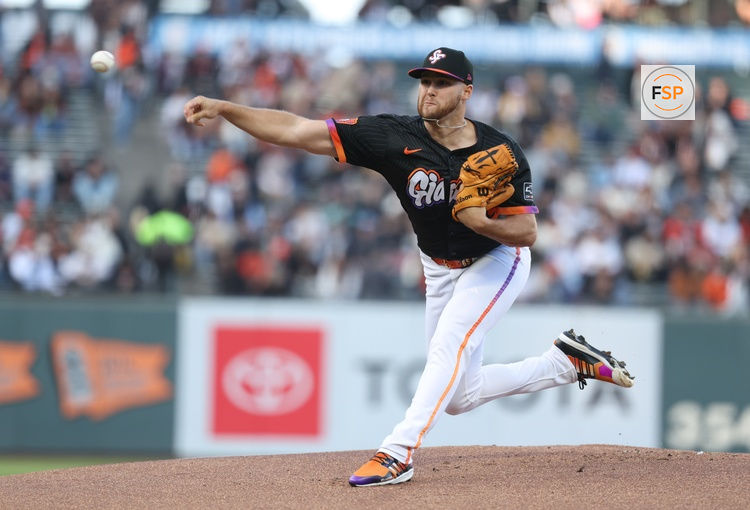 Jun 3, 2025; San Francisco, California, USA; San Francisco Giants starting pitcher Landen Roupp (65) pitches the ball against the San Diego Padres during the first inning at Oracle Park. Credit: Kelley L Cox-Imagn Images