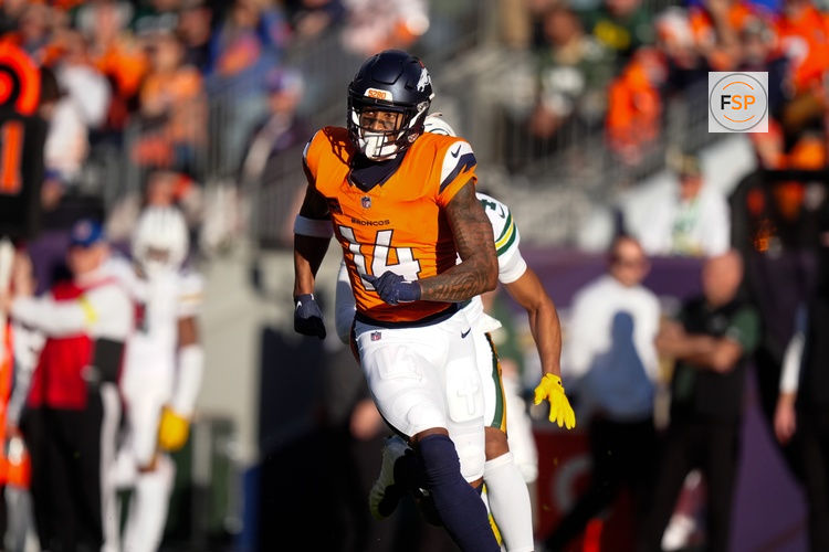 Dec 14, 2025; Denver, Colorado, USA; Denver Broncos wide receiver Courtland Sutton (14) runs downfield during the second quarter against the Green Bay Packers at Empower Field at Mile High. Credit: Ron Chenoy-Imagn Images