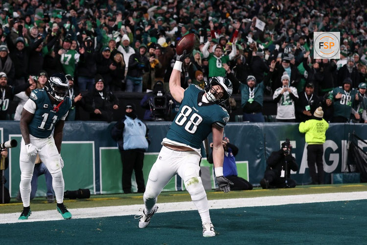 Jan 12, 2025; Philadelphia, Pennsylvania, USA; Philadelphia Eagles tight end Dallas Goedert (88) reacts after scoring a touchdown against the Green Bay Packers during the third quarter in an NFC wild card game at Lincoln Financial Field. Credit: Bill Streicher-Imagn Images