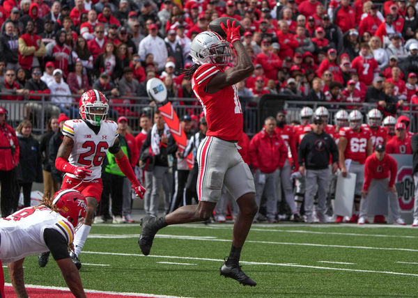 COLUMBUS, OH - OCTOBER 07: Marvin Harrison Jr. #18 of the Ohio State Buckeyes catches a pass during the game against the Maryland Terrapins at Ohio Stadium in Columbus, Ohio on October 7, 2023.(Photo by Jason Mowry/Icon Sportswire)