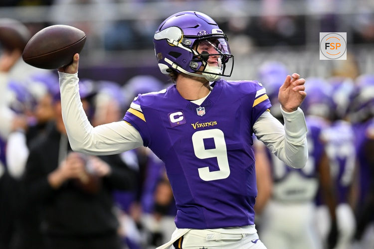 Dec 7, 2025; Minneapolis, Minnesota, USA; Minnesota Vikings quarterback J.J. McCarthy (9) practices before the game at U.S. Bank Stadium. Credit: Jeffrey Becker-Imagn Images