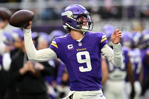 Dec 7, 2025; Minneapolis, Minnesota, USA; Minnesota Vikings quarterback J.J. McCarthy (9) practices before the game at U.S. Bank Stadium. Mandatory Credit: Jeffrey Becker-Imagn Images