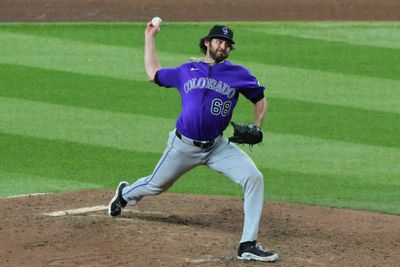 Aug 12, 2026; Phoenix, Arizona, USA; Colorado Rockies pitcher Jordan Romano (68) throws in the ninth inning against the Arizona Diamondbacks at Chase Field. Mandatory Credit: Matt Kartozian-Imagn Images