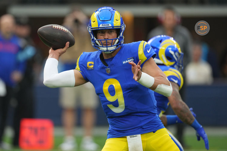 Dec 8, 2024; Inglewood, California, USA; Los Angeles Rams quarterback Matthew Stafford (9) throws the ball against the Buffalo Bills in the first half at SoFi Stadium. Credit: Kirby Lee-Imagn Images