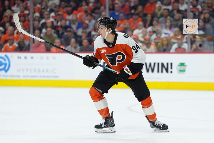Apr 29, 2026; Philadelphia, Pennsylvania, USA; Philadelphia Flyers right wing Porter Martone (94) in action against the Pittsburgh Penguins in the third period in game six of the first round of the 2026 Stanley Cup Playoffs at Xfinity Mobile Arena. Credit: Kyle Ross-Imagn Images