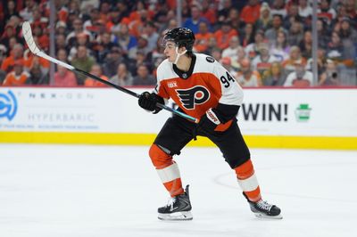 Apr 29, 2026; Philadelphia, Pennsylvania, USA; Philadelphia Flyers right wing Porter Martone (94) in action against the Pittsburgh Penguins in the third period in game six of the first round of the 2026 Stanley Cup Playoffs at Xfinity Mobile Arena. Mandatory Credit: Kyle Ross-Imagn Images