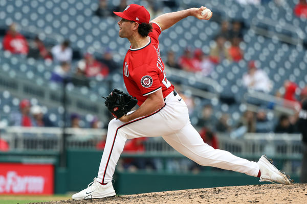 Apr 6, 2025; Washington, District of Columbia, USA; Washington Nationals pitcher Kyle Finnegan (67) throws the ball during the ninth inning against the Arizona Diamondbacks at Nationals Park. Mandatory Credit: Daniel Kucin Jr.-Imagn Images