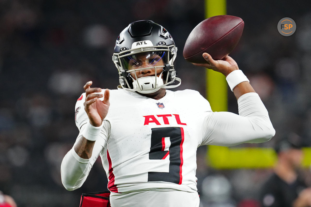 Dec 16, 2024; Paradise, Nevada, USA; Atlanta Falcons quarterback Michael Penix Jr. (9) warms up before a game against the Las Vegas Raiders at Allegiant Stadium. Credit: Stephen R. Sylvanie-Imagn Images