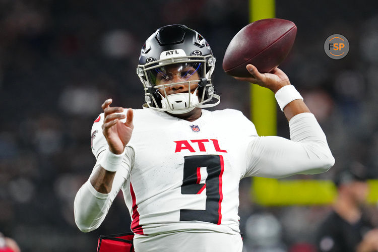 Dec 16, 2024; Paradise, Nevada, USA; Atlanta Falcons quarterback Michael Penix Jr. (9) warms up before a game against the Las Vegas Raiders at Allegiant Stadium. Credit: Stephen R. Sylvanie-Imagn Images