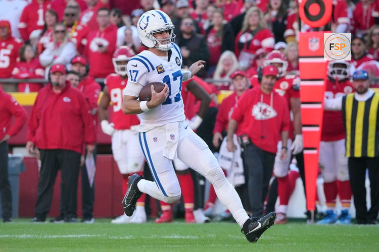 Nov 23, 2025; Kansas City, Missouri, USA; Indianapolis Colts quarterback Daniel Jones (17) runs against the Kansas City Chiefs in the second half at GEHA Field at Arrowhead Stadium. Credit: Denny Medley-Imagn Images