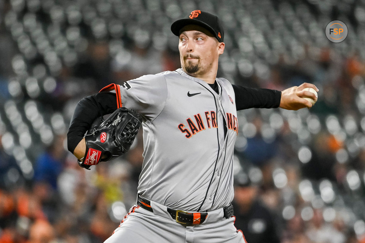 Sep 17, 2024; Baltimore, Maryland, USA;  San Francisco Giants pitcher Blake Snell (7) throws a second inning pitch against the Baltimore Orioles at Oriole Park at Camden Yards. Credit: Tommy Gilligan-Imagn Images