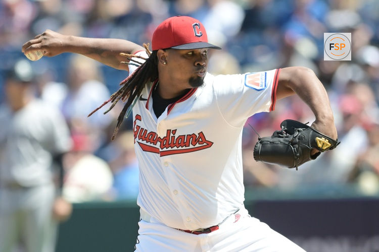 Apr 23, 2025; Cleveland, Ohio, USA; Cleveland Guardians starting pitcher Luis Ortiz (45) throws a pitch during the first inning against the New York Yankees at Progressive Field. Credit: Ken Blaze-Imagn Images