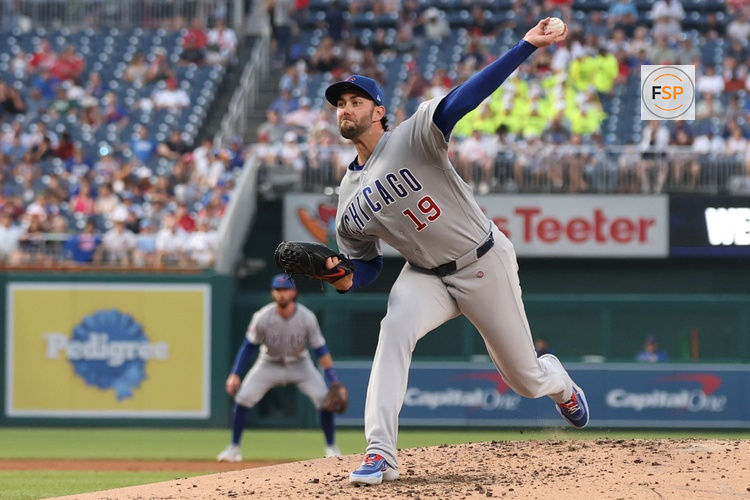 Aug 12, 2026; Washington, District of Columbia, USA; Chicago Cubs pitcher David Peterson (19) pitches against the Washington Nationals during the third inning at Nationals Park. Credit: Geoff Burke-Imagn Images