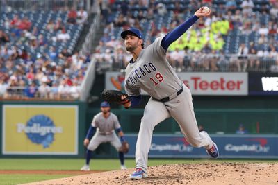 Aug 12, 2026; Washington, District of Columbia, USA; Chicago Cubs pitcher David Peterson (19) pitches against the Washington Nationals during the third inning at Nationals Park. Mandatory Credit: Geoff Burke-Imagn Images